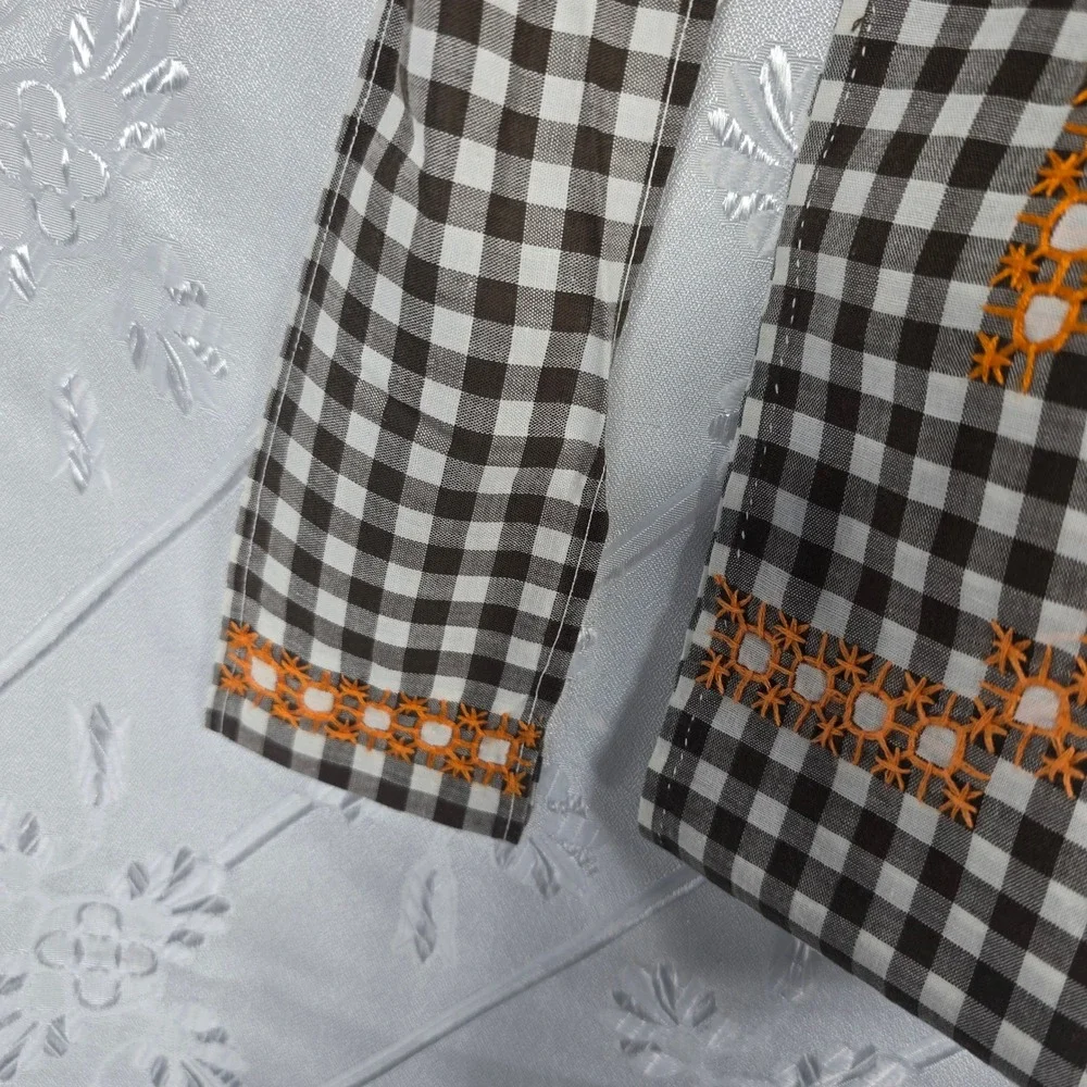 Vtg‎ Brown Gingham Half Apron Checkered Embroidery Pocket Granny Cottage Retro